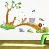 3D-Cartoon-Jungle-wild-animal-tree-bridge-lion-Giraffe-elephant-birds-flowers-wall-stickers-for-kids_0