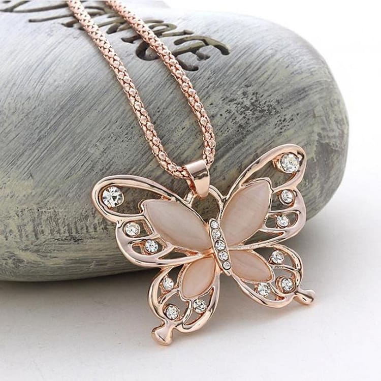 Rose Gold Opal Butterfly Pendant Necklace2